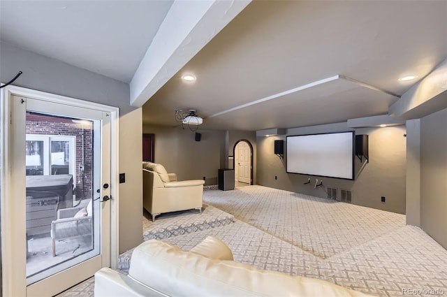 4681 S Columbine Ct, Cherry Hills Village, CO 80113 - home theater featuring arched walkways and recessed lighting