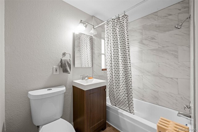 2867 Jasmine St, Denver, CO 80207 - full bath featuring shower / bathtub combination with curtain, vanity, a textured wall, and radiator