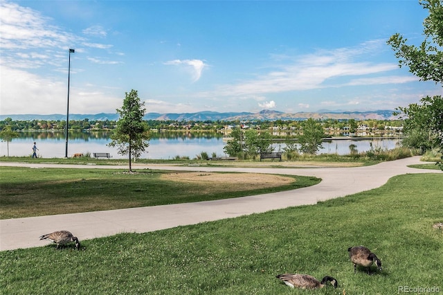 view of community featuring a lawn and a water and mountain view