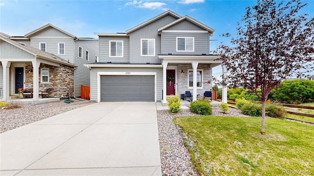 4585 High Mesa Cir, Castle Rock, CO 80108 - view of front of house with stone siding, concrete driveway, covered porch, a front lawn, and a garage