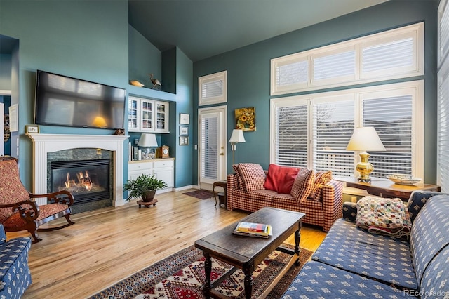 living room with light hardwood / wood-style floors and high vaulted ceiling