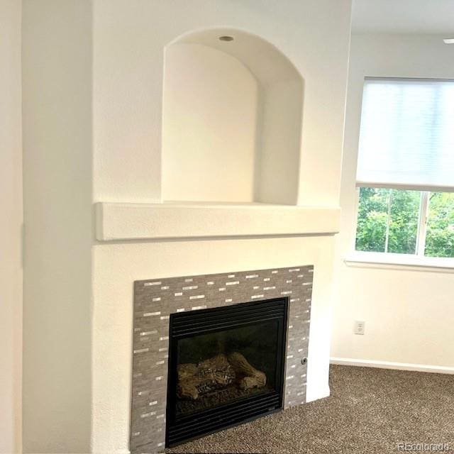 11282 Osage Cir N Unit F, Northglenn, CO 80234 - detailed view of a fireplace, carpet flooring, and baseboards