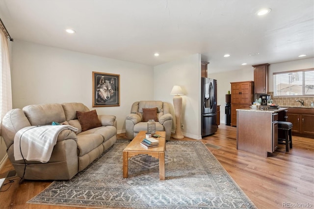 living room with sink and light hardwood / wood-style flooring