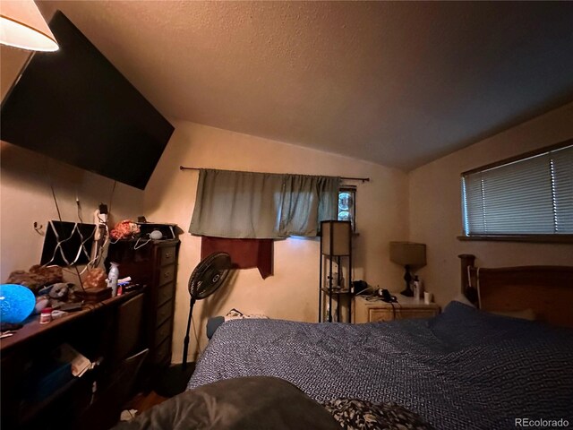 bedroom with lofted ceiling and a textured ceiling