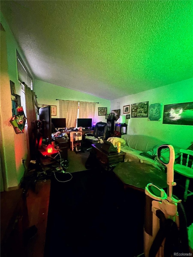 playroom featuring lofted ceiling and a textured ceiling