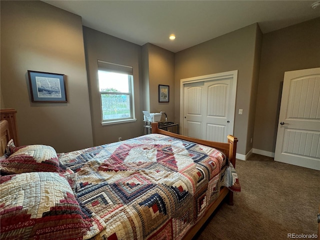 bedroom with a closet and dark colored carpet