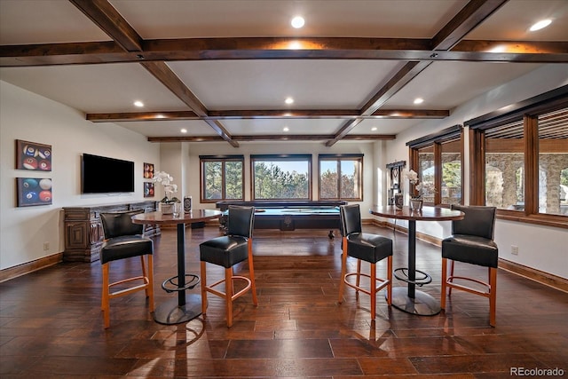 bar with beam ceiling, dark hardwood / wood-style flooring, coffered ceiling, and pool table