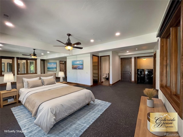 bedroom with washer and clothes dryer and ceiling fan