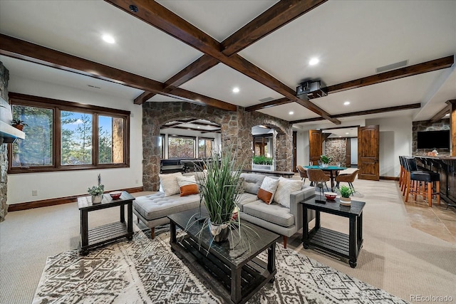 living room with light carpet, beamed ceiling, and billiards