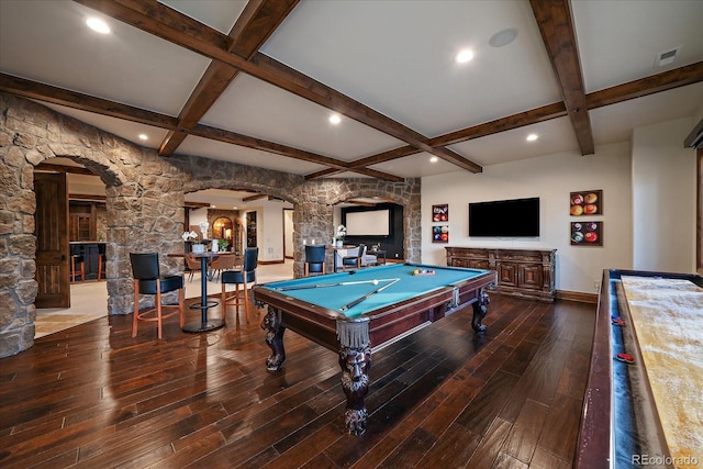 rec room featuring hardwood / wood-style floors, beamed ceiling, pool table, and coffered ceiling