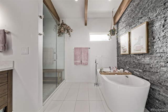 bathroom featuring beamed ceiling, tile patterned floors, separate shower and tub, and vanity