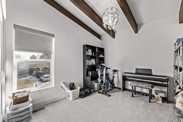 miscellaneous room featuring vaulted ceiling with beams, carpet, and a notable chandelier