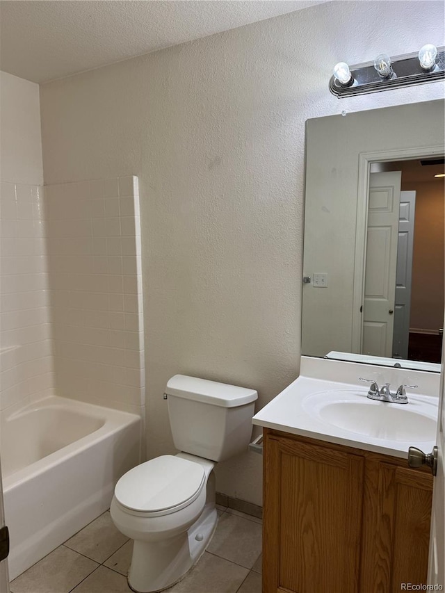 897 Mockingbird Ln, Brighton, CO 80601 - full bathroom featuring tile patterned flooring, toilet, vanity, shower / bathtub combination, and a textured ceiling