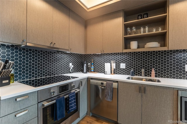 kitchen with appliances with stainless steel finishes, sink, exhaust hood, and backsplash