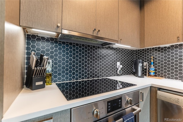 kitchen with appliances with stainless steel finishes, range hood, and decorative backsplash