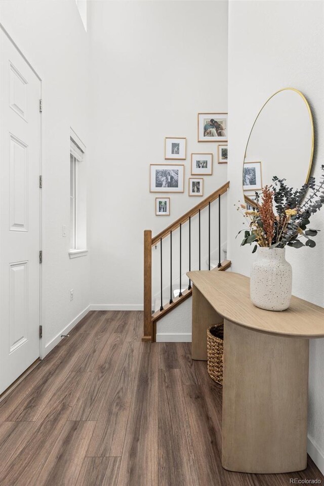 1678 Wright Aly, Erie, CO 80516 - foyer with wood finished floors, a high ceiling, stairway, and baseboards
