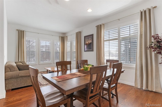 dining space featuring wood-type flooring