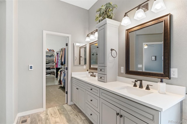 bathroom with vanity and hardwood / wood-style floors