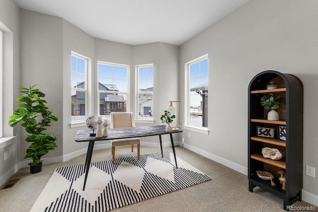 home office with carpet floors, visible vents, and baseboards