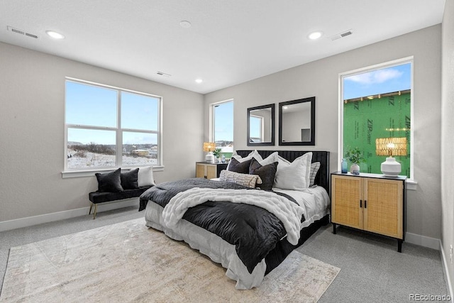 bedroom featuring recessed lighting, visible vents, and baseboards