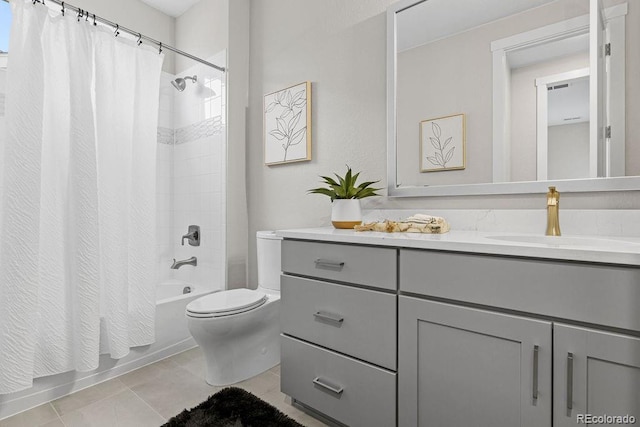 bathroom featuring vanity, shower / bathtub combination with curtain, toilet, and tile patterned floors