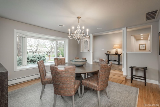 5164 E Princeton Ave, Cherry Hills Village, CO 80113 - dining room featuring a baseboard heating unit, light wood-type flooring, a chandelier, and visible vents