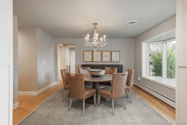 5164 E Princeton Ave, Cherry Hills Village, CO 80113 - dining area with visible vents, baseboard heating, light wood-type flooring, baseboards, and an inviting chandelier
