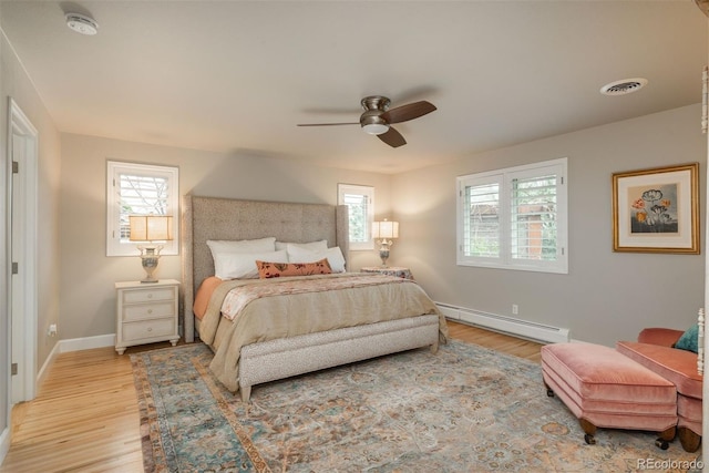 5164 E Princeton Ave, Cherry Hills Village, CO 80113 - bedroom featuring light wood finished floors, a ceiling fan, baseboards, a baseboard radiator, and visible vents