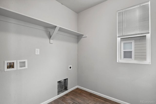 clothes washing area with laundry area, dark wood-style flooring, electric dryer hookup, baseboards, and hookup for a washing machine