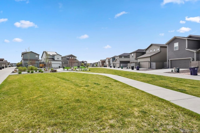 surrounding community featuring a garage, a yard, and a residential view