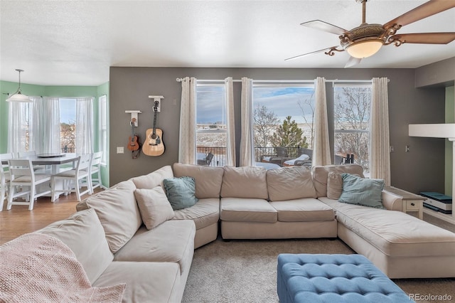 living room with wood finished floors and ceiling fan