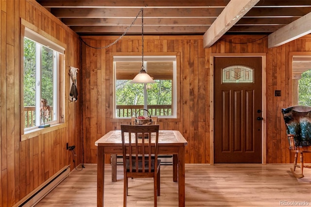 546 Pulver Rd, Lake George, CO 80827 - dining area featuring baseboard heating, plenty of natural light, beam ceiling, and wood walls