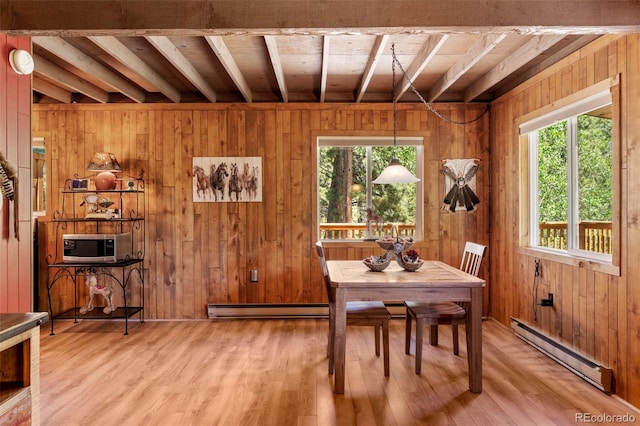 546 Pulver Rd, Lake George, CO 80827 - dining space featuring baseboard heating, a baseboard heating unit, wooden walls, and light wood-style flooring