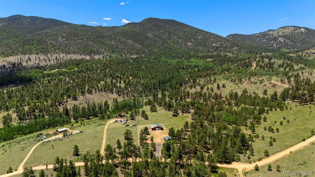 546 Pulver Rd, Lake George, CO 80827 - aerial view of property and surrounding area featuring a mountainous background and a heavily wooded area