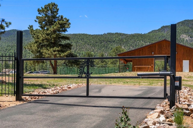 546 Pulver Rd, Lake George, CO 80827 - gate featuring a view of trees, an exterior structure, a mountain view, and an outbuilding