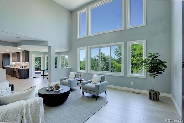 7400 S Genoa Cir, Centennial, CO 80016 - living room featuring a towering ceiling, light wood finished floors, and plenty of natural light