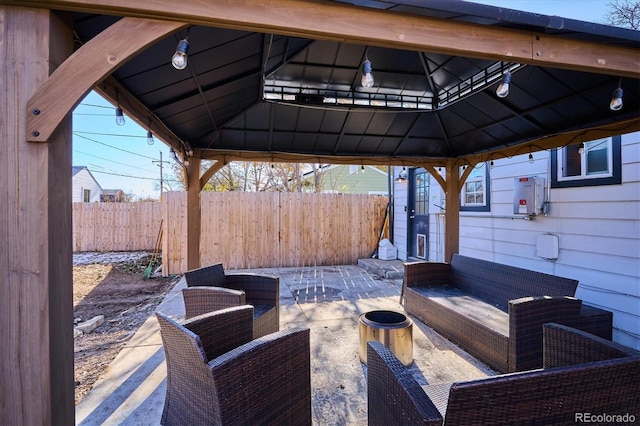 view of patio / terrace featuring a gazebo and outdoor lounge area