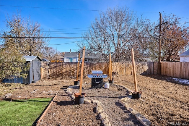 view of yard featuring a storage unit