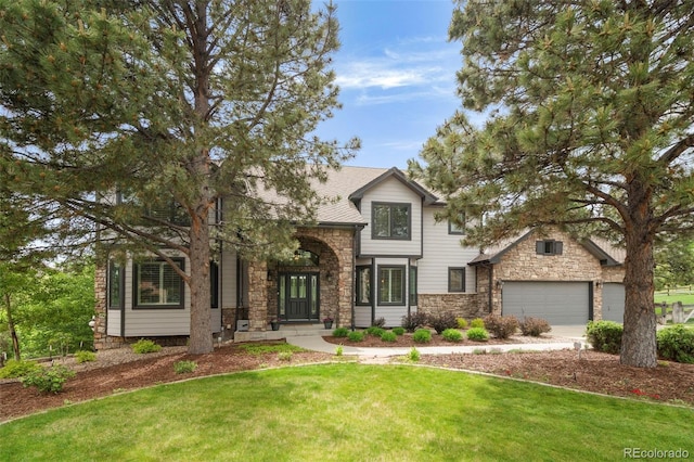 920 Shady Oak Ln, Castle Pines, CO 80108 - view of front of house with stone siding, a front yard, a garage, and driveway