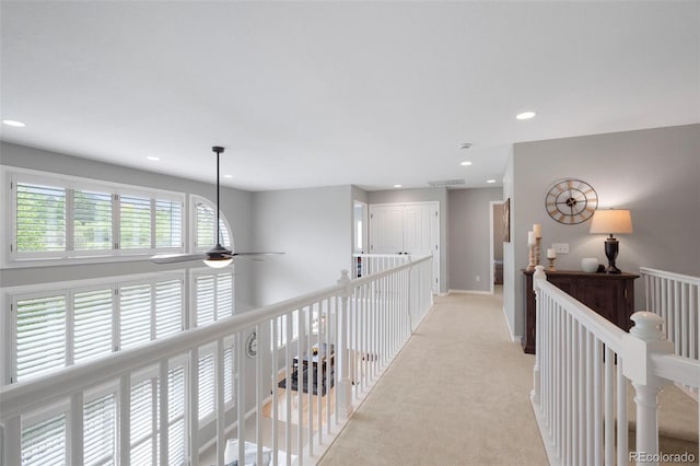 920 Shady Oak Ln, Castle Pines, CO 80108 - hall with recessed lighting, light colored carpet, baseboards, and an upstairs landing