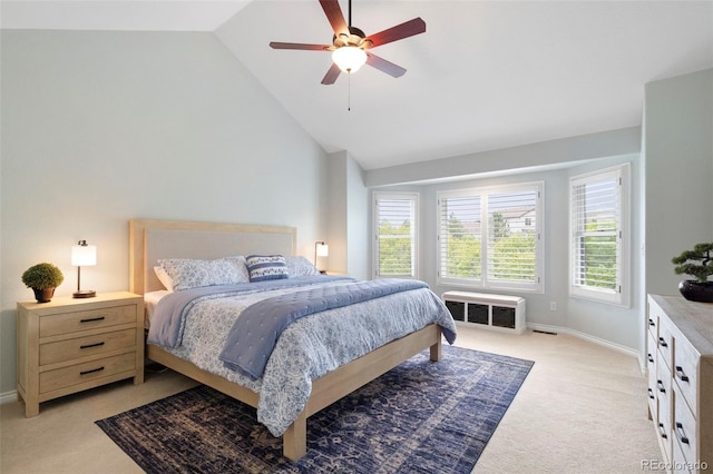 920 Shady Oak Ln, Castle Pines, CO 80108 - bedroom with light colored carpet, lofted ceiling, baseboards, and ceiling fan