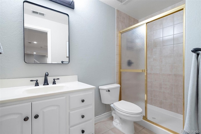 920 Shady Oak Ln, Castle Pines, CO 80108 - bathroom with tile patterned flooring, toilet, a shower stall, vanity, and a textured wall