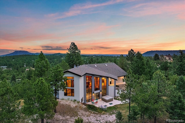 back of property featuring a shingled roof, a mountain view, and a view of trees