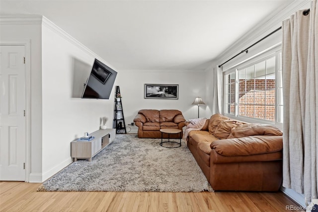 living room with ornamental molding and wood-type flooring