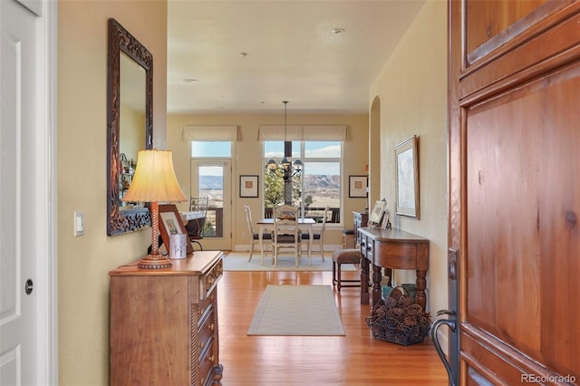 interior space with arched walkways and wood finished floors