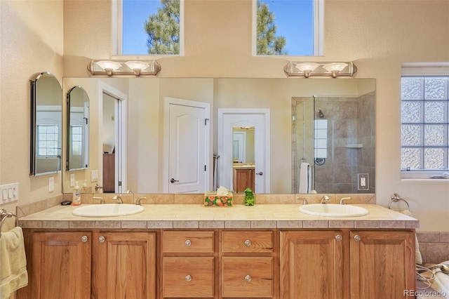 bathroom with a sink, a shower stall, and double vanity