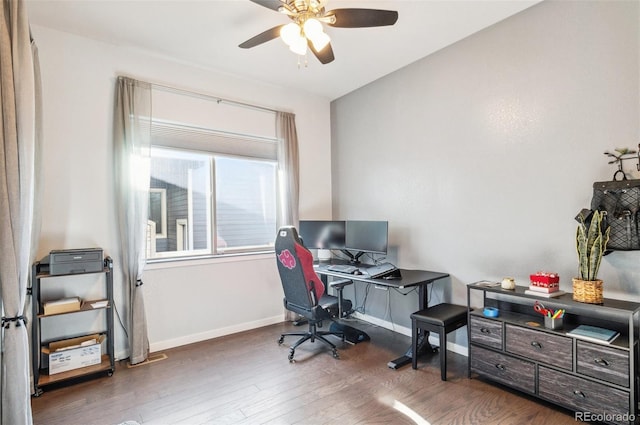 home office with ceiling fan and dark hardwood / wood-style flooring