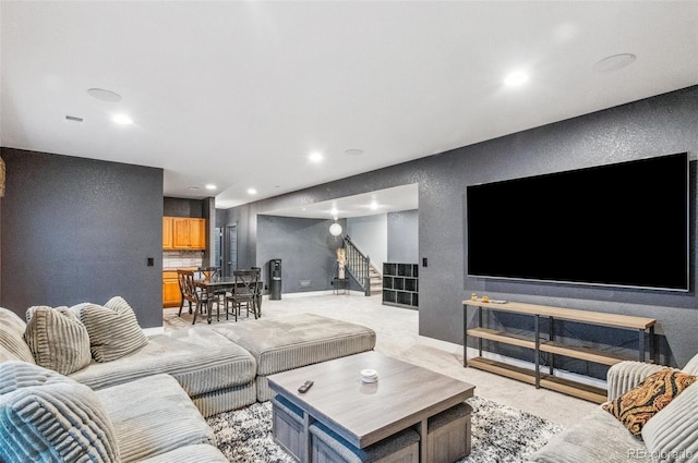 living room featuring light colored carpet