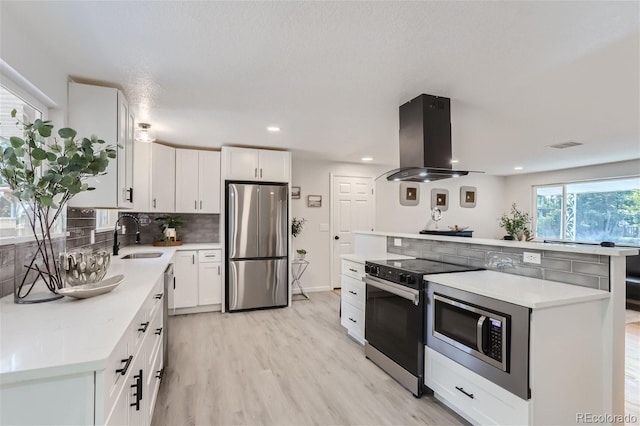 kitchen with backsplash, stainless steel appliances, light hardwood / wood-style floors, island exhaust hood, and sink