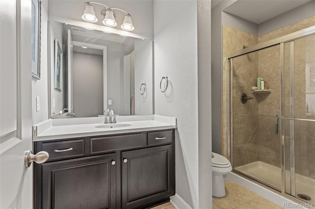 bathroom with vanity, tile patterned flooring, toilet, and a shower with shower door